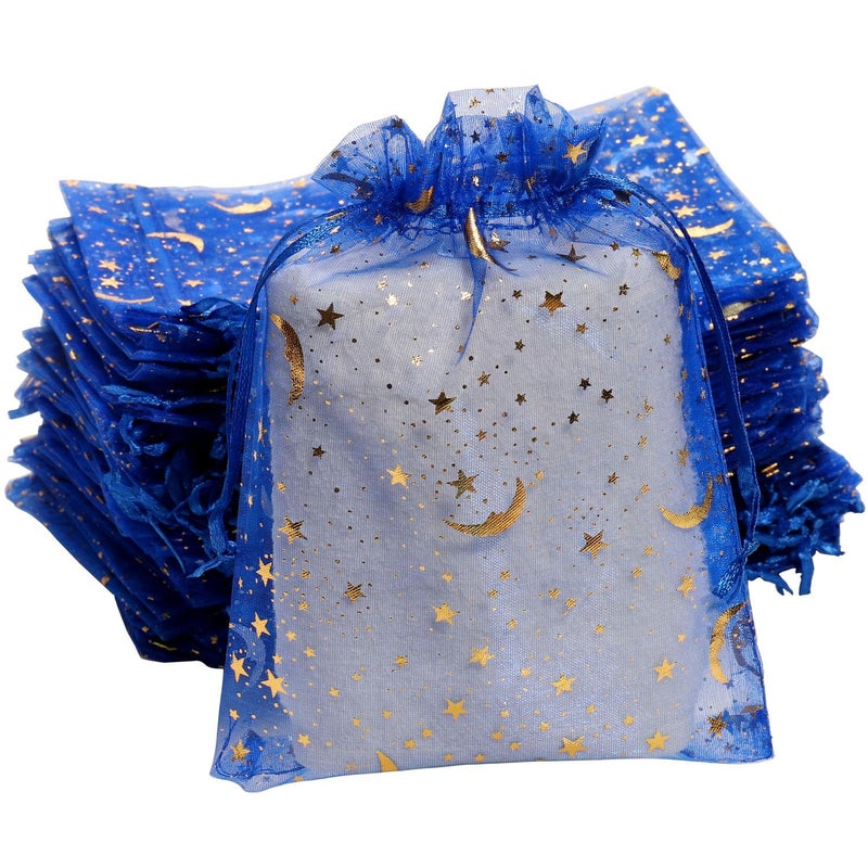 SUNGULF 100Pcs 5x7 Inches Sheer Drawstring Organza Bags Stars and Moon Wedding Party Favor Jewelry Candy Gift Pouches (Blue) - Image 3